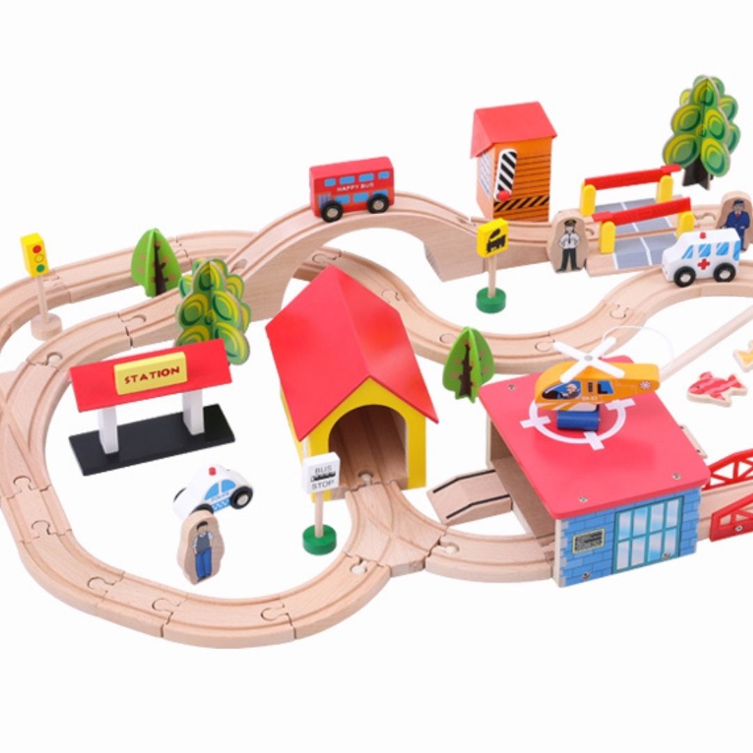 Nesta Toys 69 Pieces Beech Wood Train Track Set, buy wooden role play toys in India, buy Montessori toys online, wooden toy store 