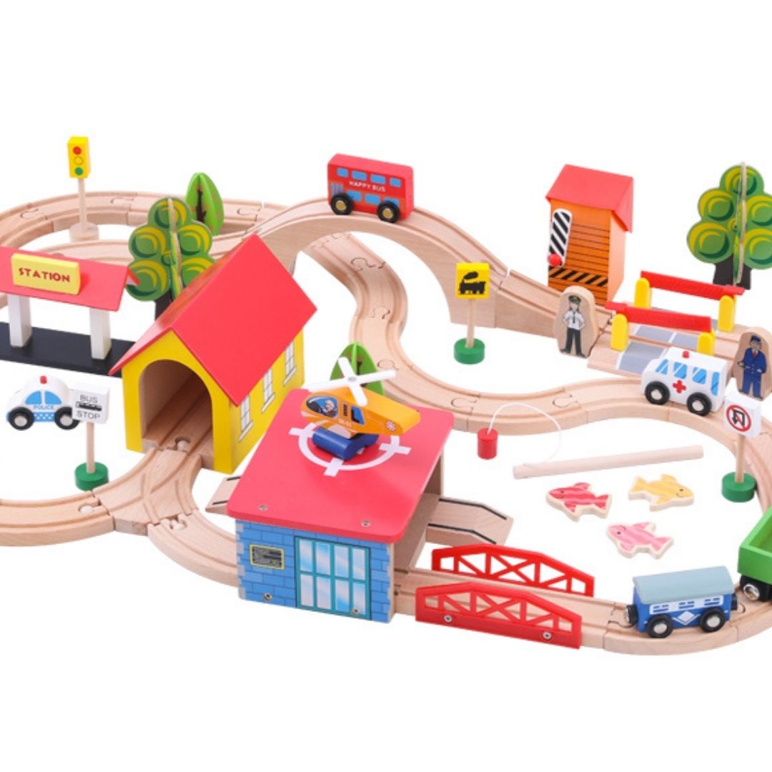 Nesta Toys 69 Pieces Beech Wood Train Track Set, buy wooden role play toys in India, buy Montessori toys online, wooden toy store 